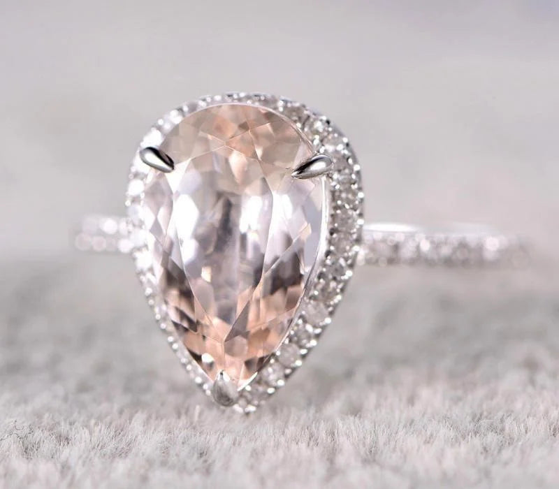 Pear Cut Morganite and Diamond Moissanite Halo Engagement Ring with 18k Gold Plating K3416