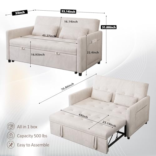 Beige Corduroy 2 Seater Convertible Sleeper Sofa T2728