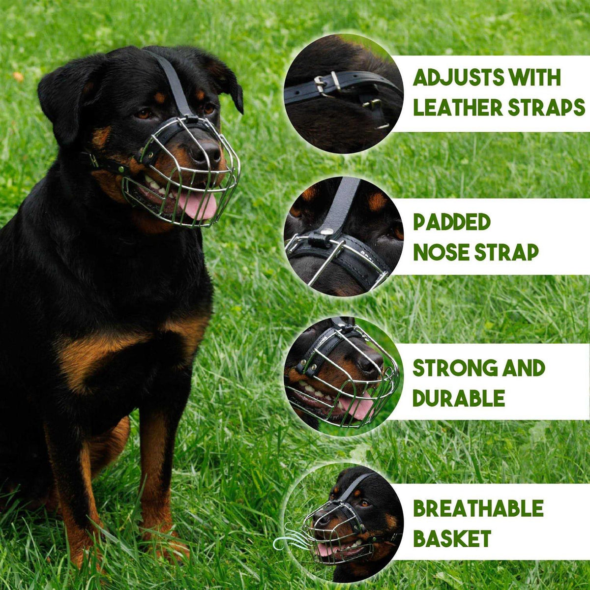 Dog Muzzle Wire Basket Adjustable Leather Straps C548261