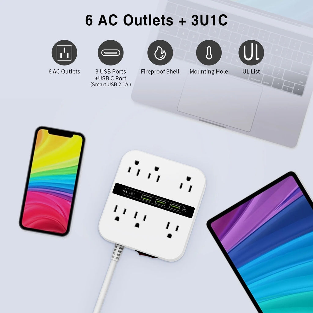 6 Outlets 4 USB Ports Surge Protector Power Strip with 6.6ft White Flat Extension Cord R5008