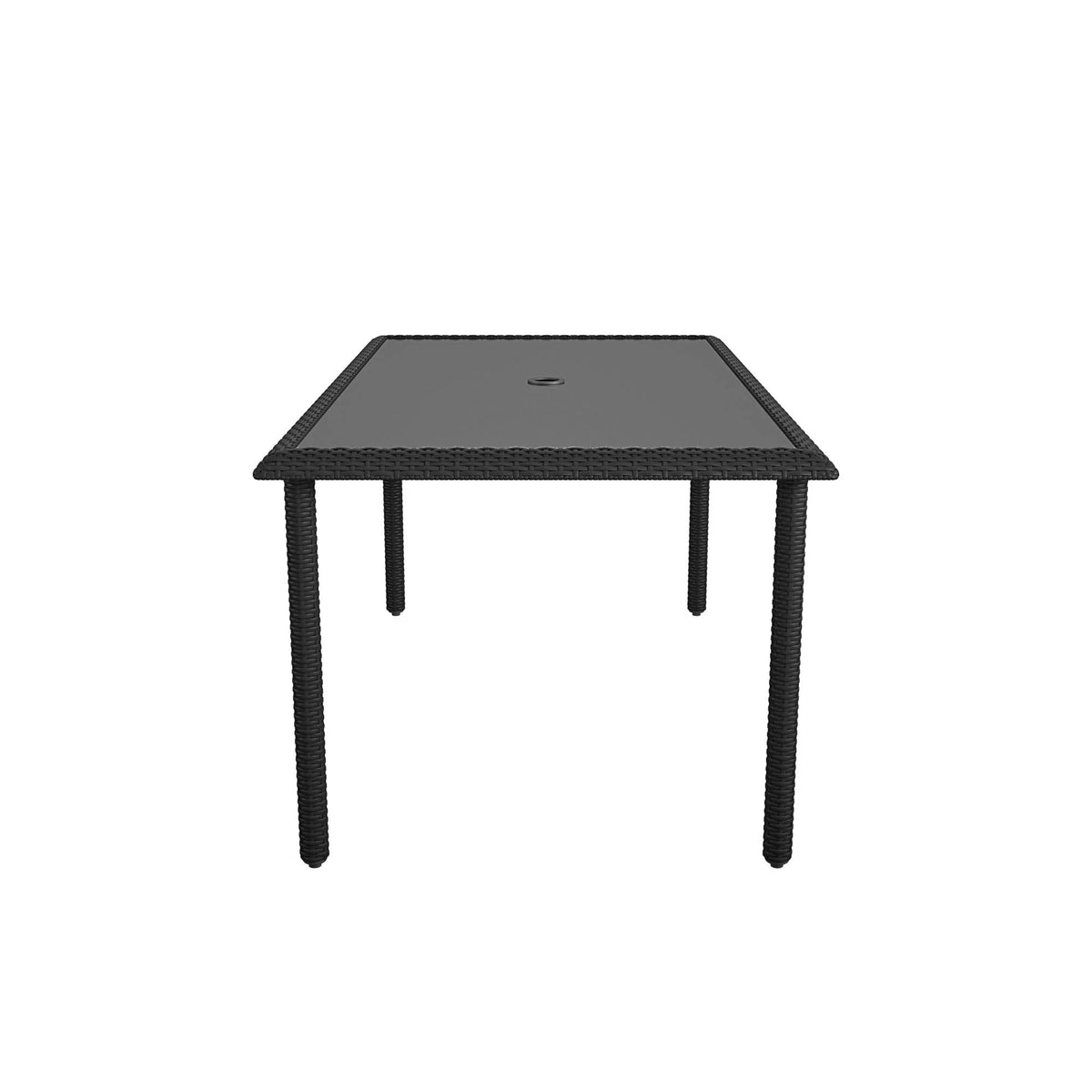 Black Wicker Dining Table with Glass Top and Umbrella Hole J354001