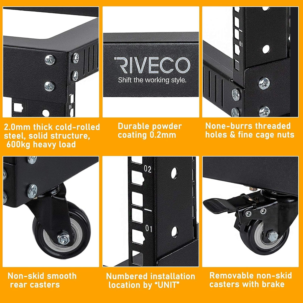 9U Open Frame Server Rack with Casters Black T310