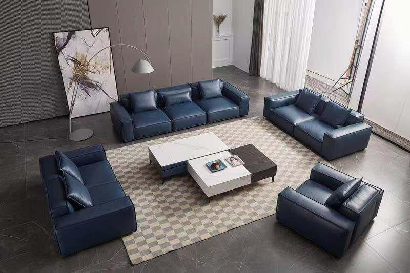 Navy Blue Full Leather Sofa Set 4Pcs G5682