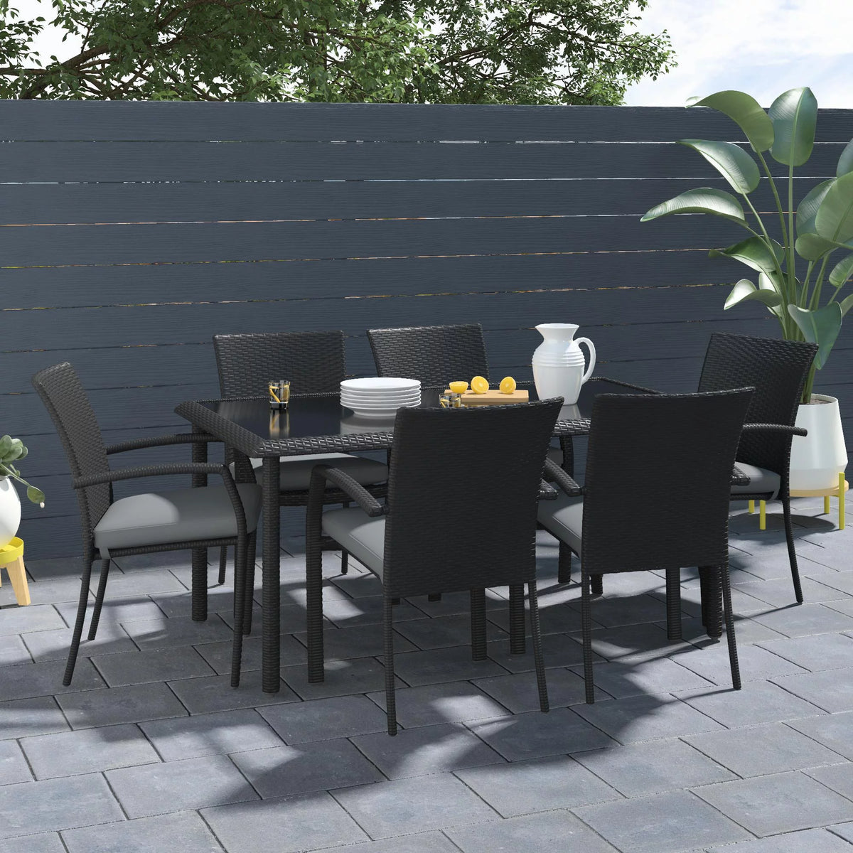 Black Wicker Dining Table with Glass Top and Umbrella Hole J354001