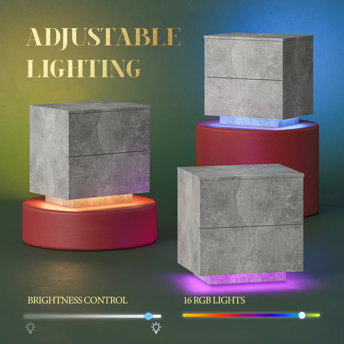 LED Nightstands Set of 2 with 2 Drawers X390