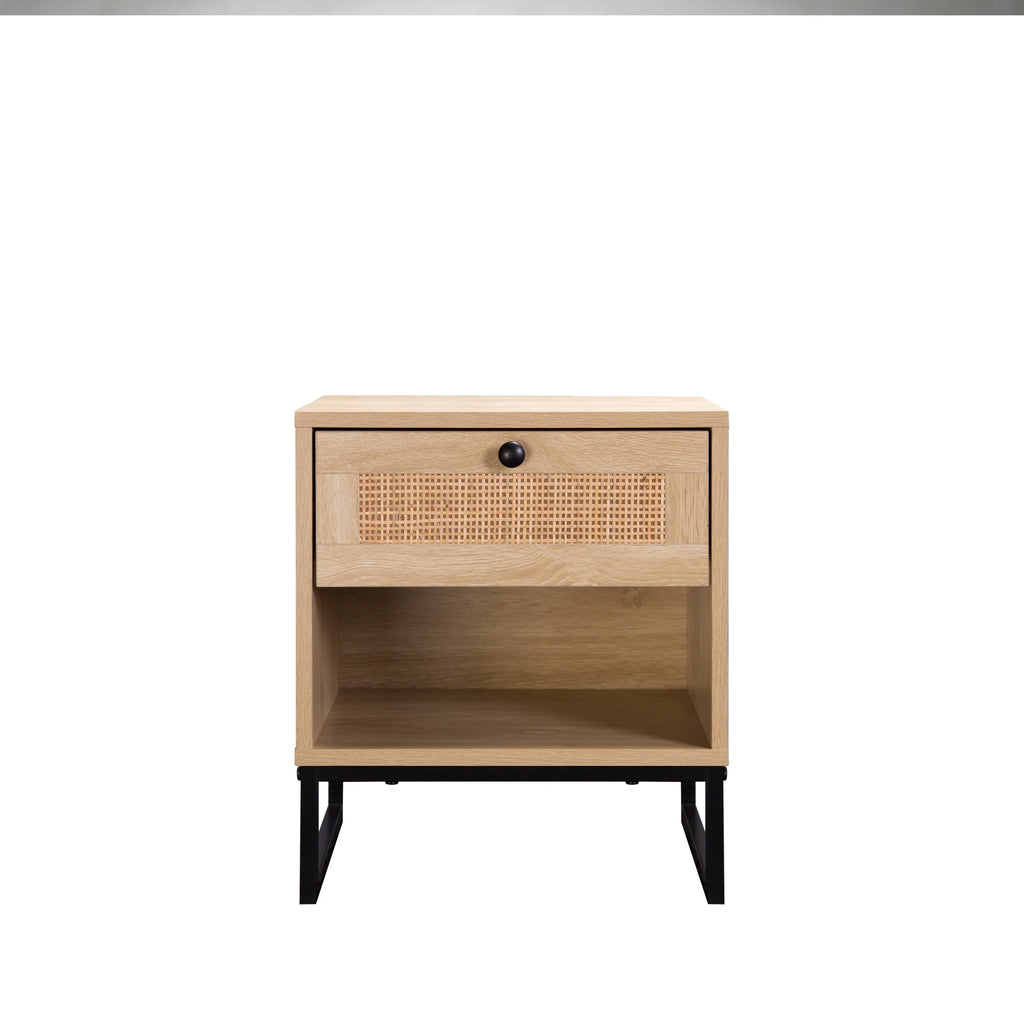 Coastal Modern Side Table with Drawer Natural Wood Top Black Metal Legs Z86215