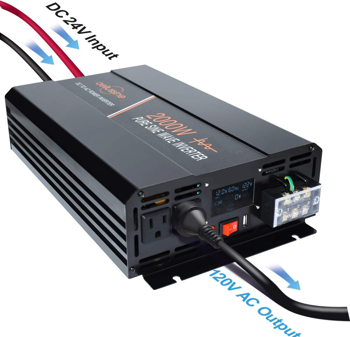 2000 Watt Pure Sine Wave Power Inverter 24V DC to AC 120V with LCD Display D41656