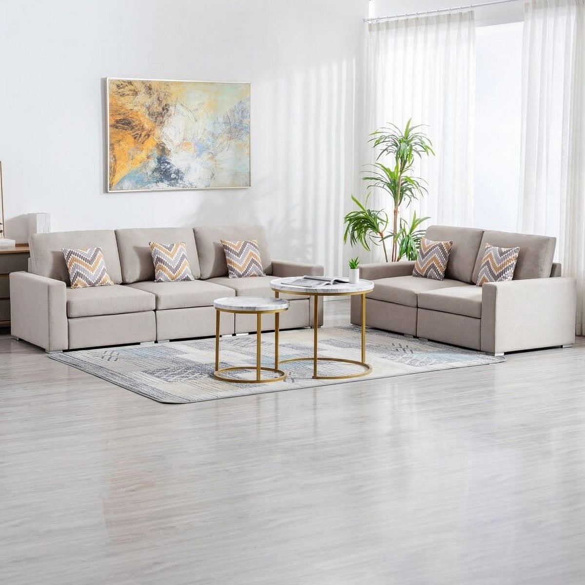 Grey Linen Fabric Sofa and Loveseat Set with Pillows L36593