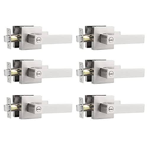 6 Pack Privacy Door Levers, Satin Nickel Finish, Square Interior Hardware T2185