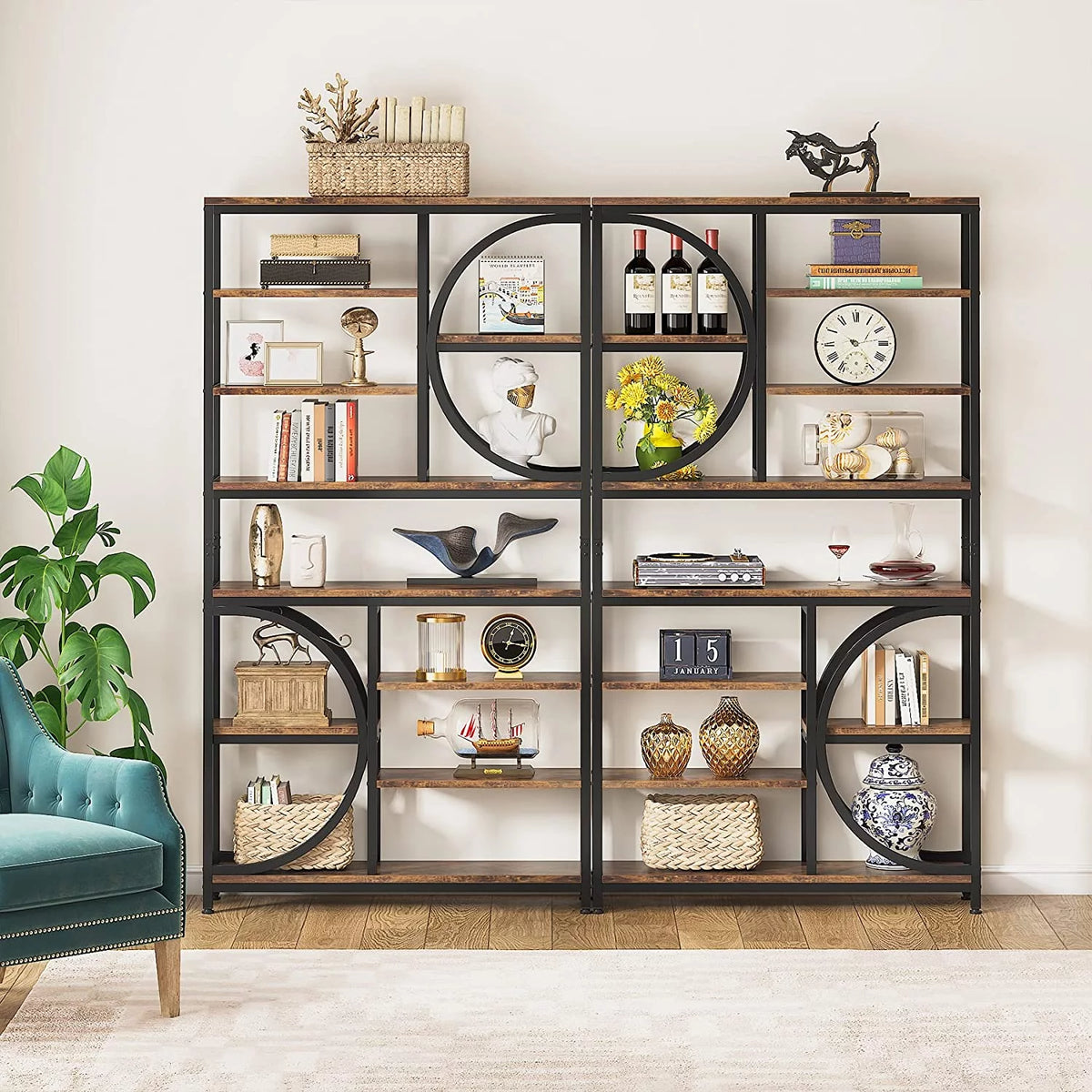 Industrial 8-Tier Wood Look Bookshelf with Metal Frame O80801