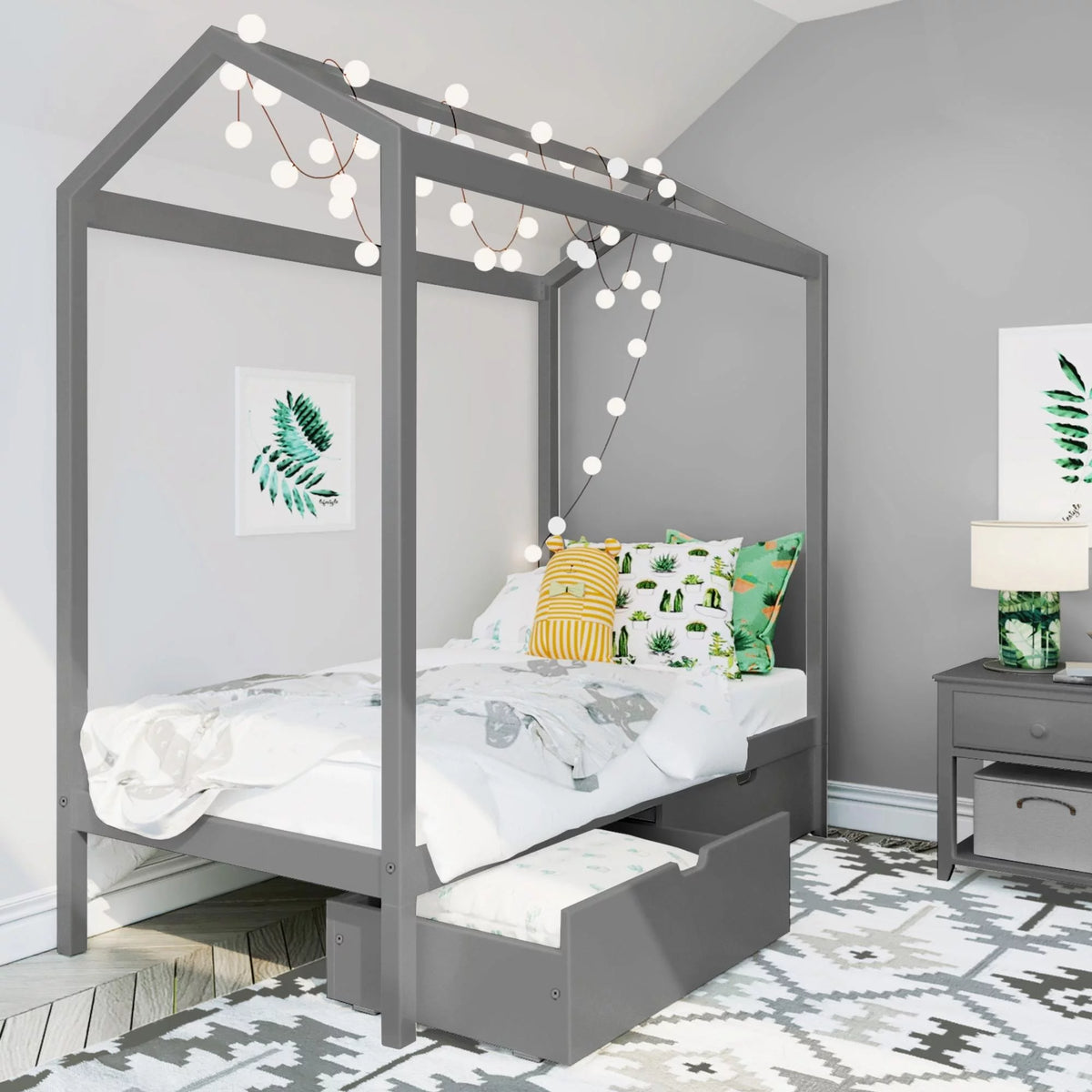 Twin Size Grey Wooden House Bed Frame with Storage Drawers M8074