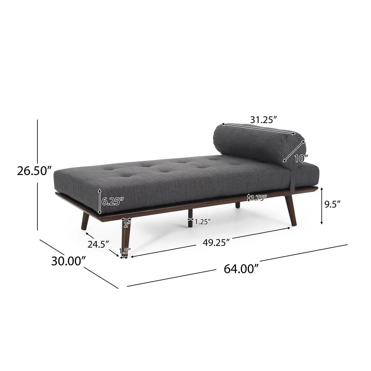 Charcoal Fabric Tufted Chaise Lounge with Bolster Pillow A62278
