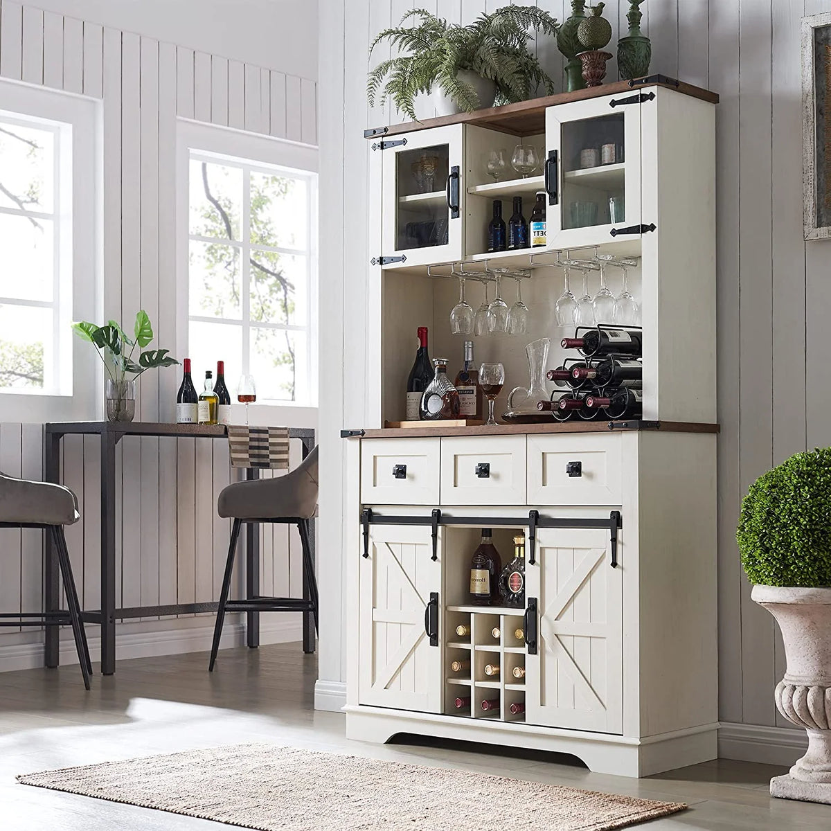 Antique White Wood Bar Cabinet with Sliding Barn Door and Hutch T1147