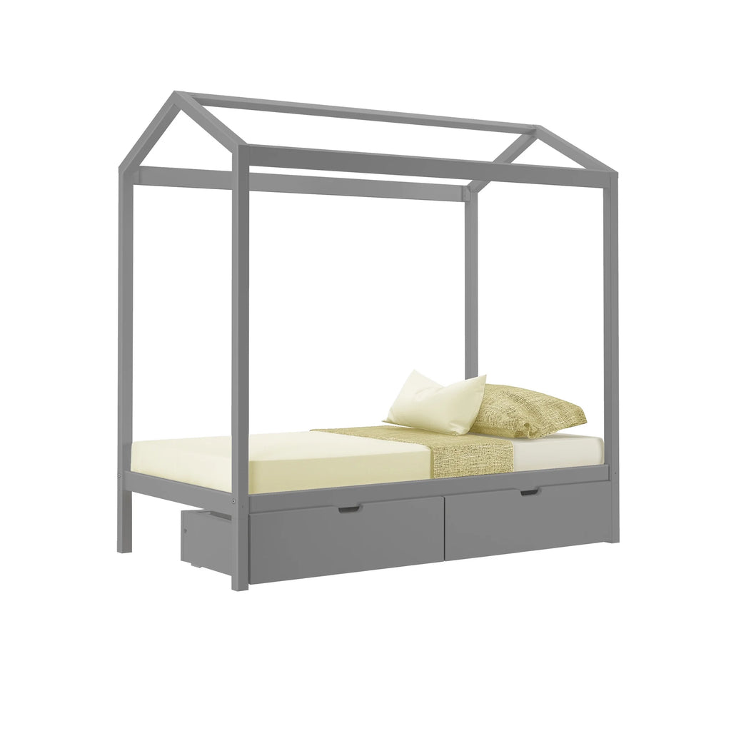Twin Size Grey Wooden House Bed Frame with Storage Drawers M8074