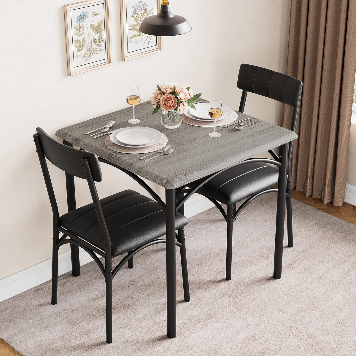 3 Piece Square Dining Table Set with 2 Upholstered Chairs C6516