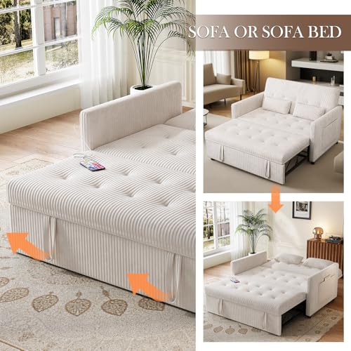 Beige Corduroy 2 Seater Convertible Sleeper Sofa T2728