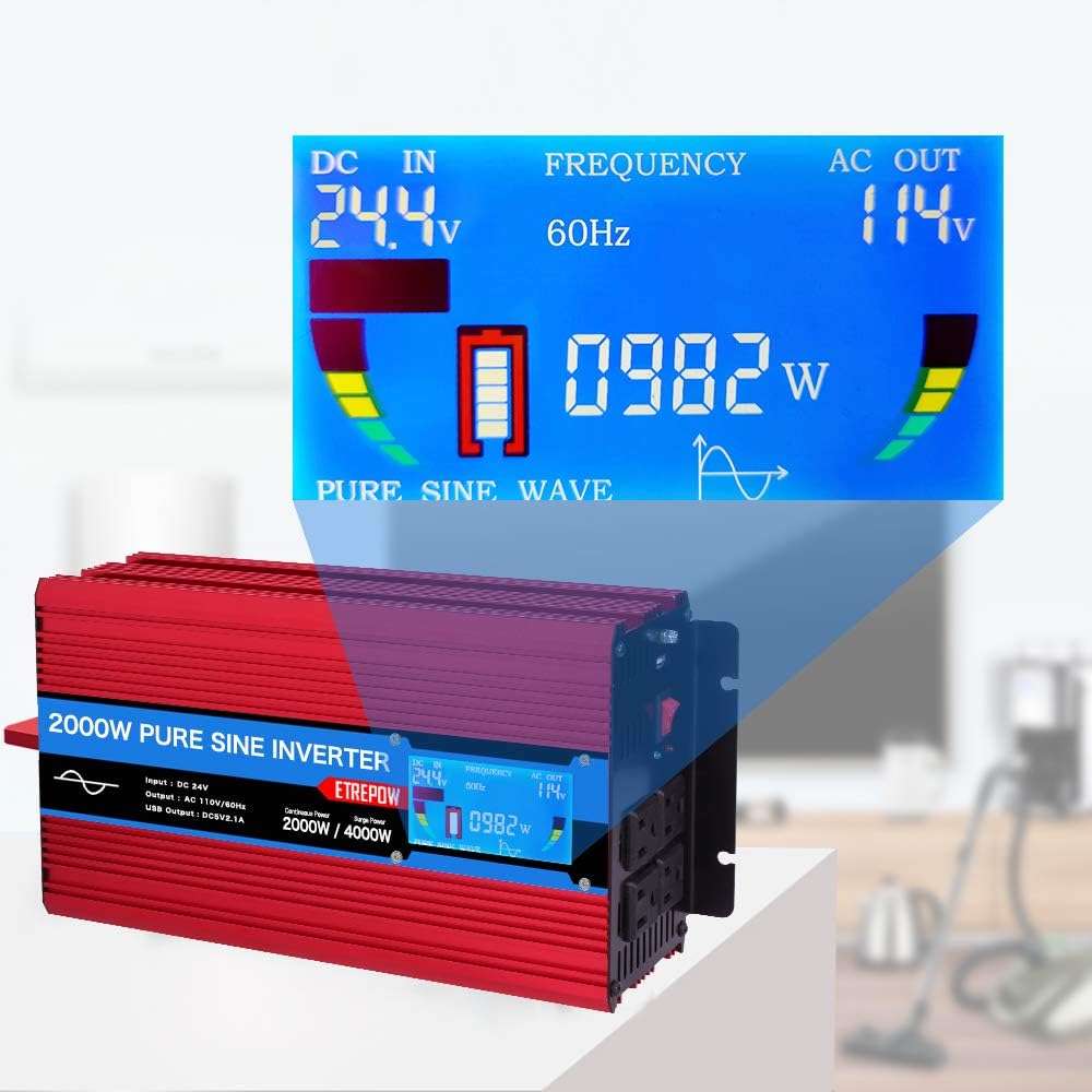 2000 Watt Pure Sine Wave Power Inverter 24V to 110V 120V with LCD Display, Wireless Remote Control, 4 AC Sockets, 2.1A USB Port, Dual Fans D4741