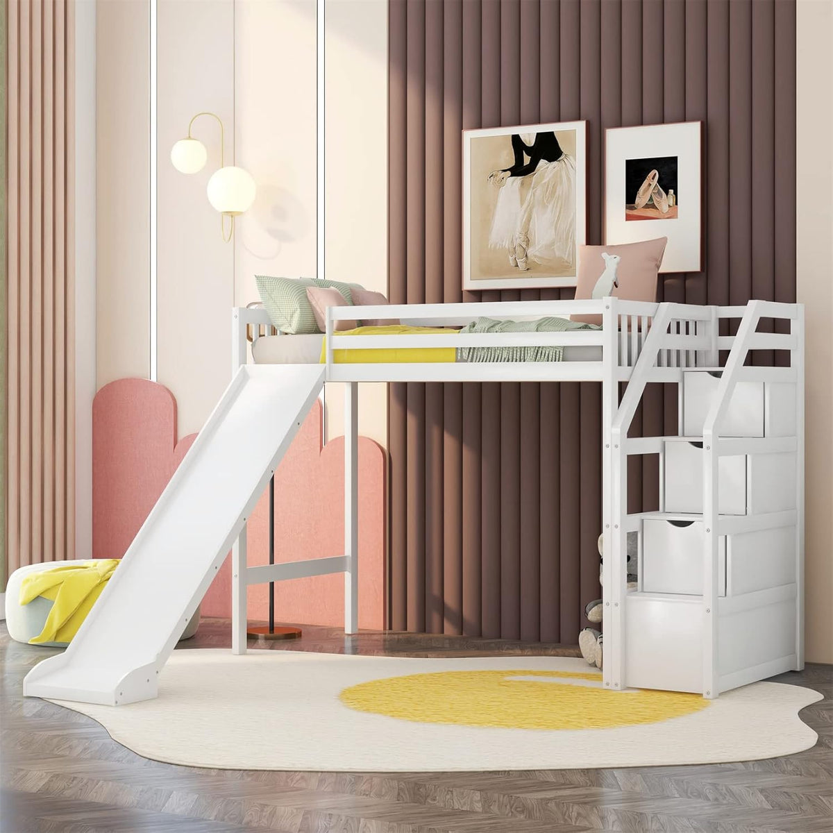 White Wood Twin Loft Bed with Slide and Staircase Storage X7795