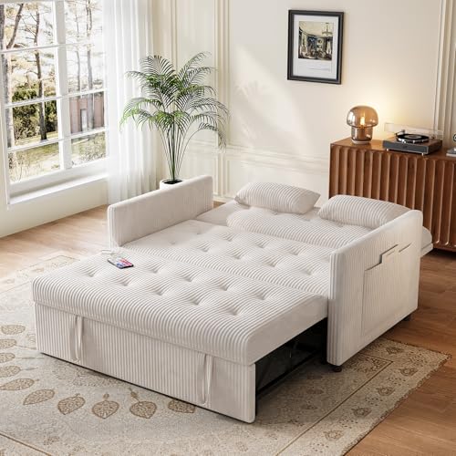 Beige Corduroy 2 Seater Convertible Sleeper Sofa T2728