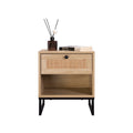 Coastal Modern Side Table with Drawer Natural Wood Top Black Metal Legs Z86215
