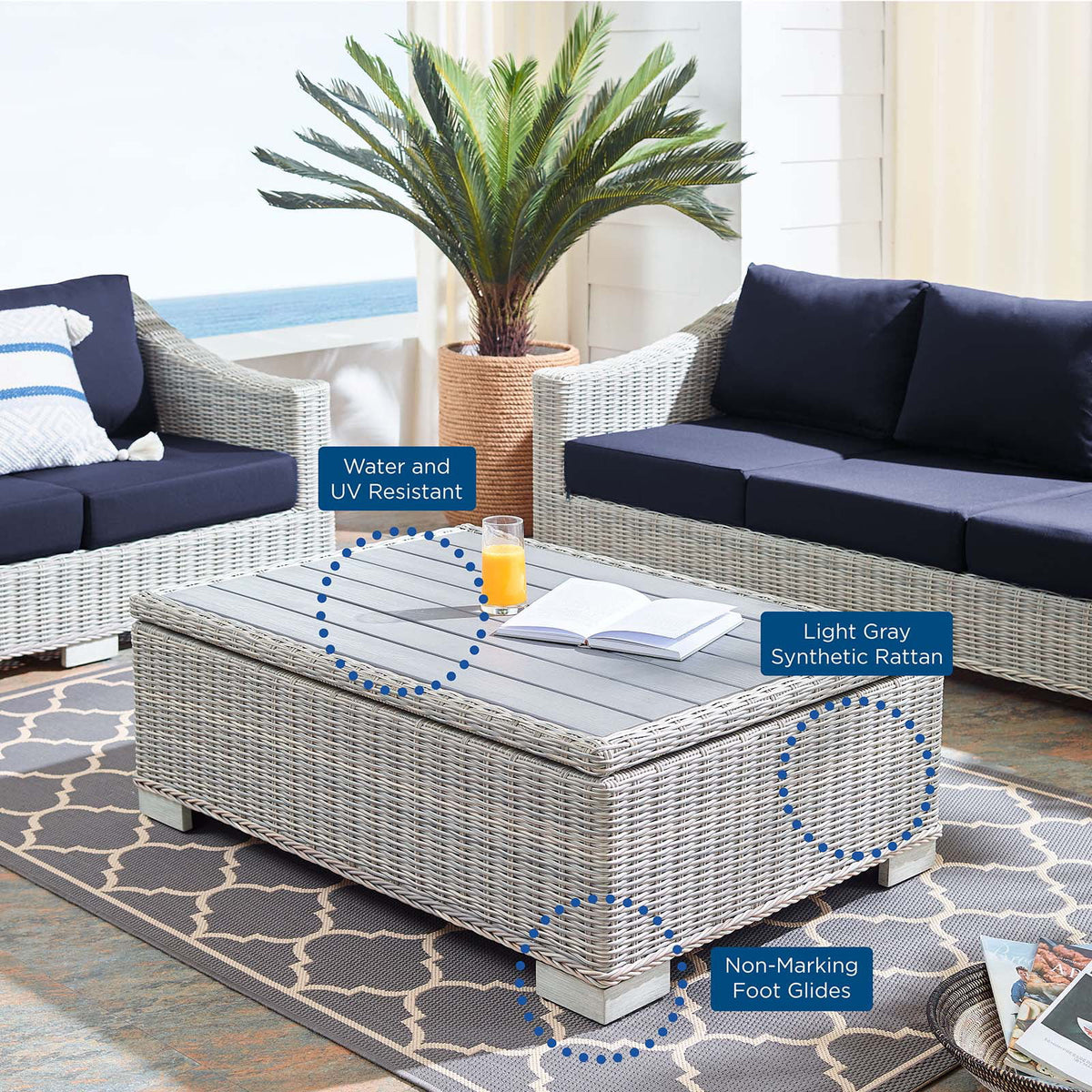 45" Light Gray Wicker Rattan Outdoor Coffee Table R8962