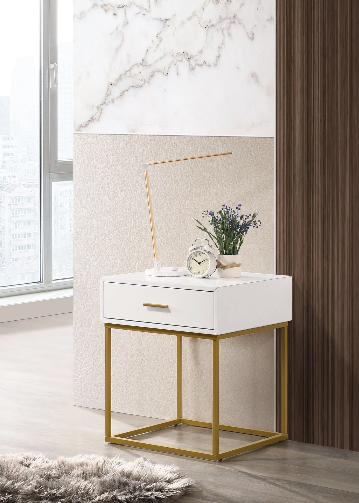White 1-Drawer Nightstand with Gold Metal Legs K4019
