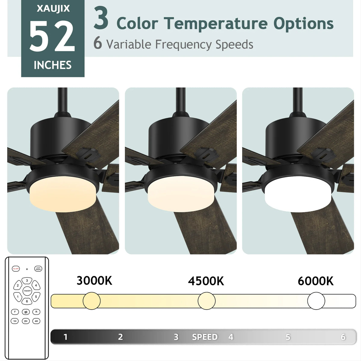 Ceiling Fan with Light and Remote Control, 52 '' Reversible 5 Wood Fan Blades L110