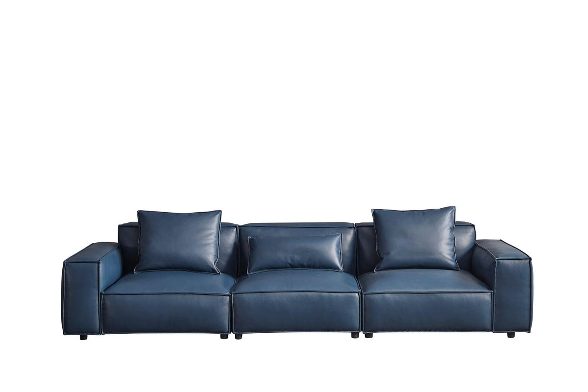 Navy Blue Full Leather Sofa Set 4Pcs G5682