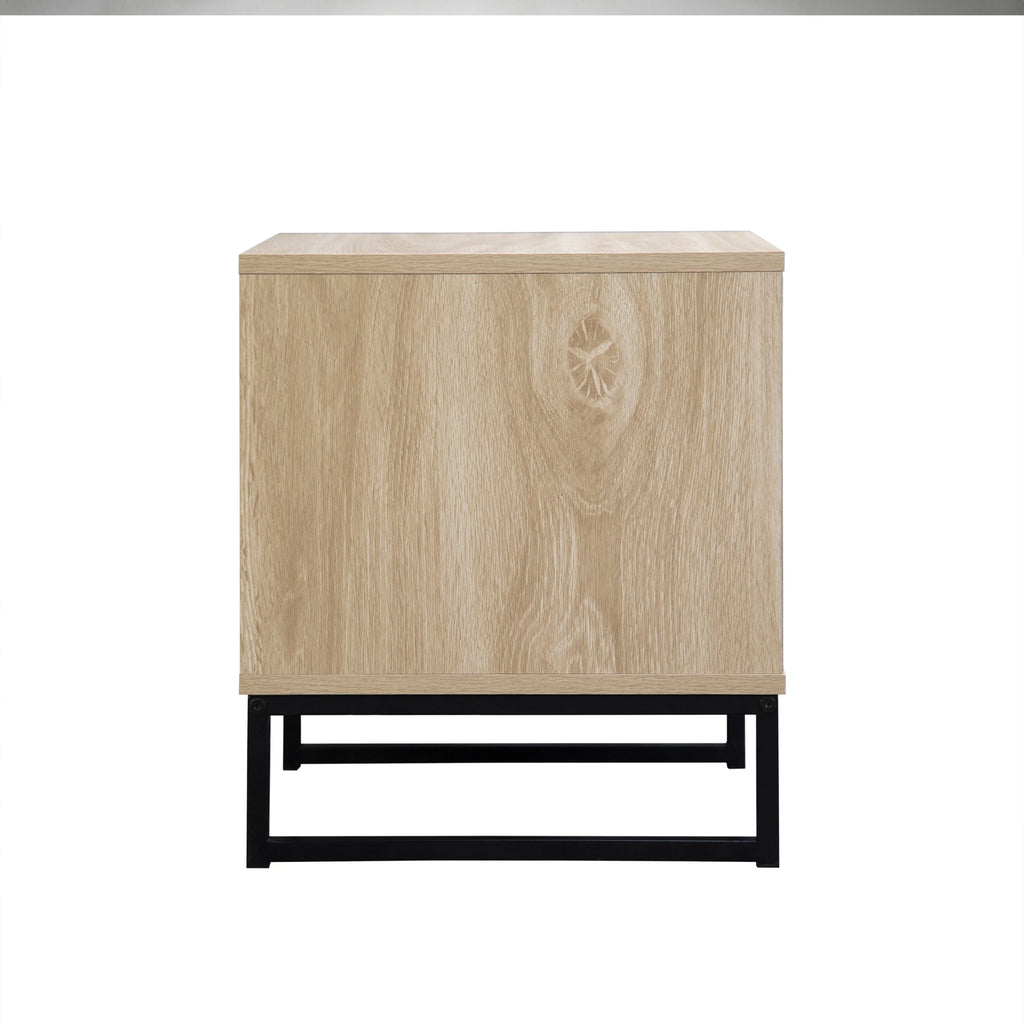 Coastal Modern Side Table with Drawer Natural Wood Top Black Metal Legs Z86215