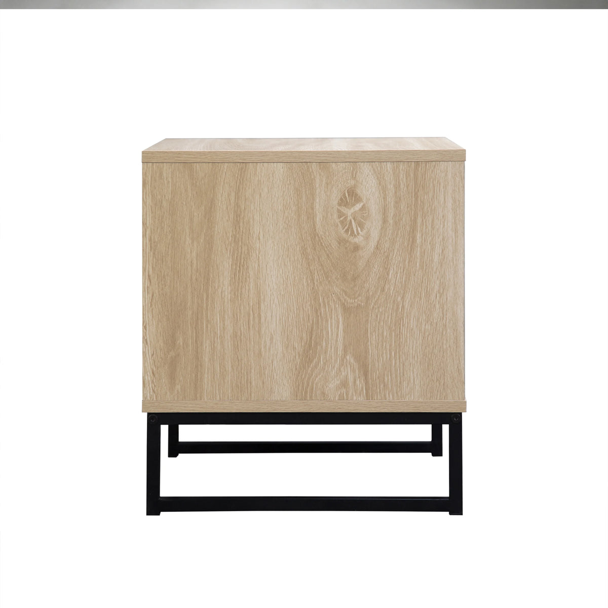 Coastal Modern Side Table with Drawer Natural Wood Top Black Metal Legs Z86215
