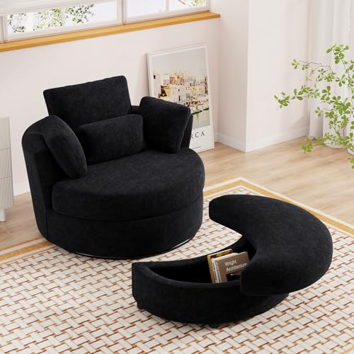 Oversized Orange Chenille Swivel Accent Chair with Storage Ottoman F905
