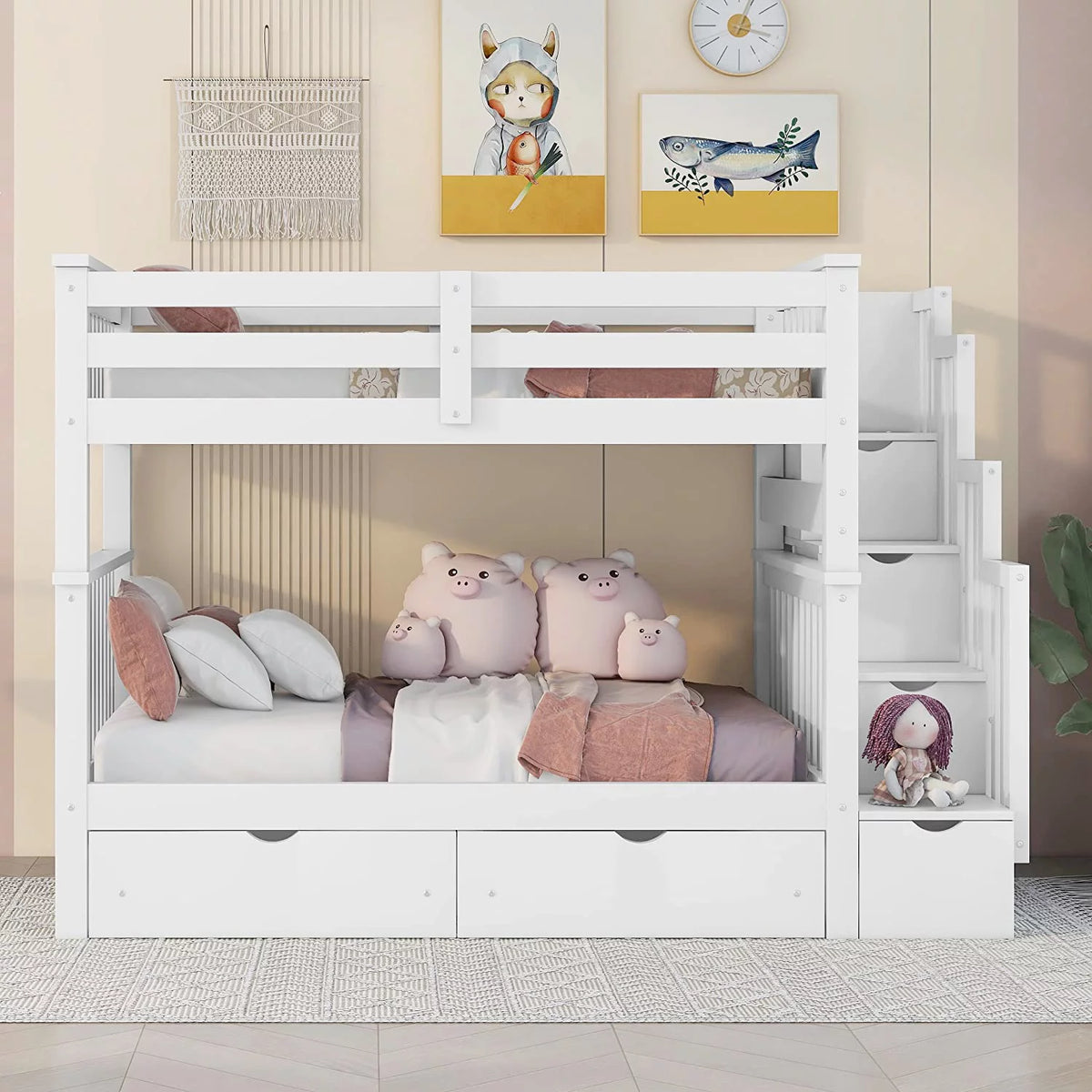 Full Over Full Bunk Bed with Stairs and 6 Storage Drawers X233921