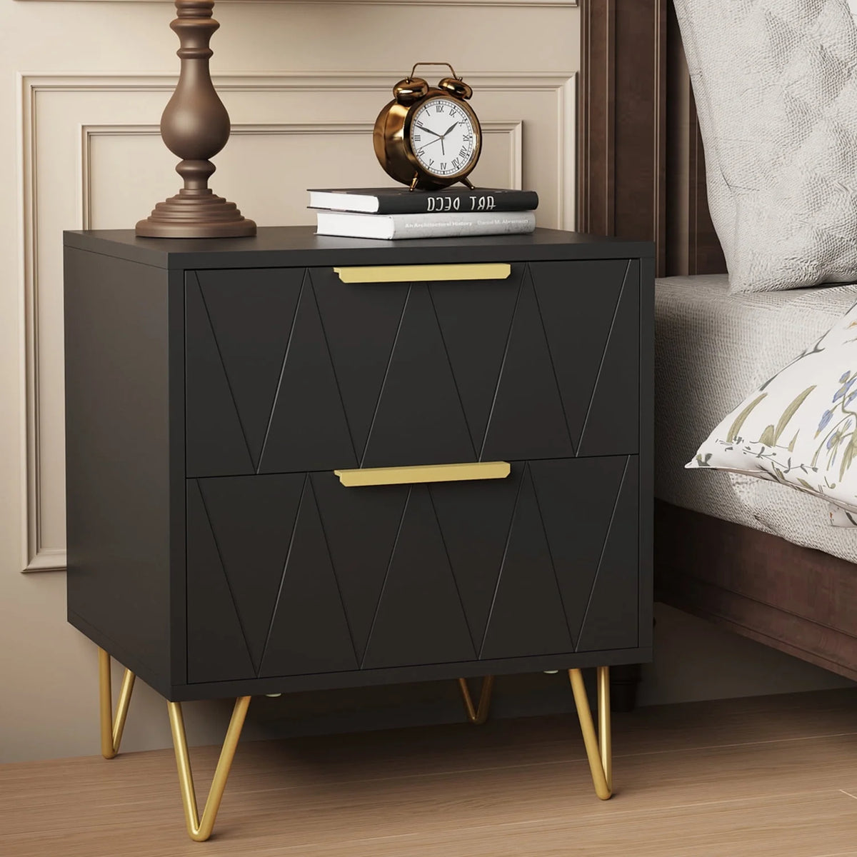 Black 2 Drawer Nightstand Bedside Table with Storage G519