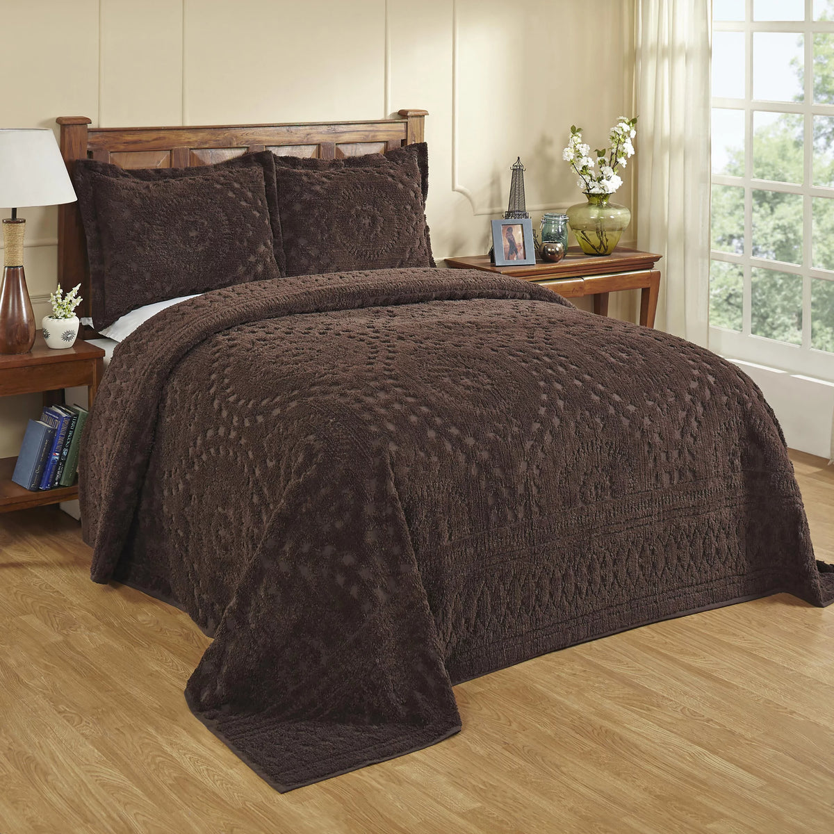 Chocolate Floral Cotton Queen Bedspread Set D6253