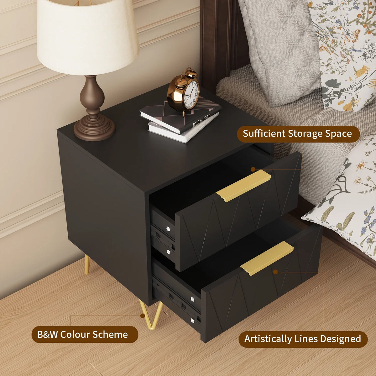 Black 2 Drawer Nightstand Bedside Table with Storage G519