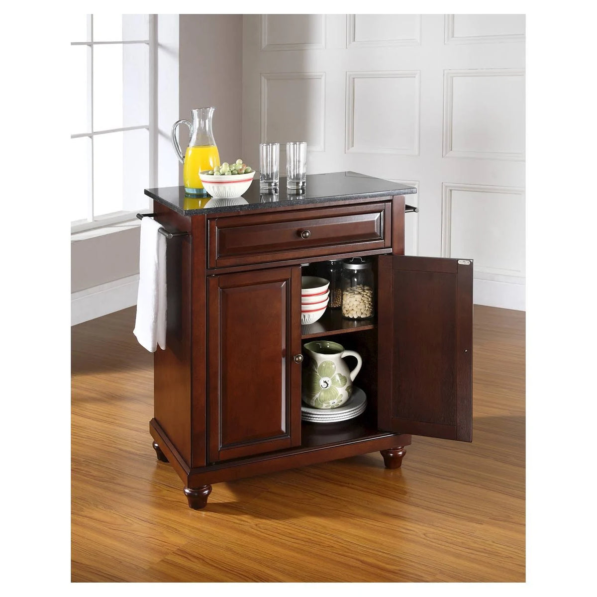 Mahogany Solid Black Granite Top Portable Kitchen Island V81685