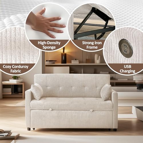 Beige Corduroy 2 Seater Convertible Sleeper Sofa T2728
