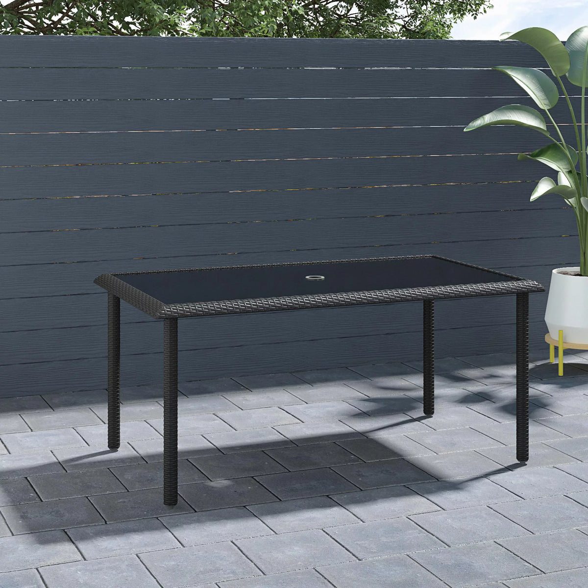 Black Wicker Dining Table with Glass Top and Umbrella Hole J354001