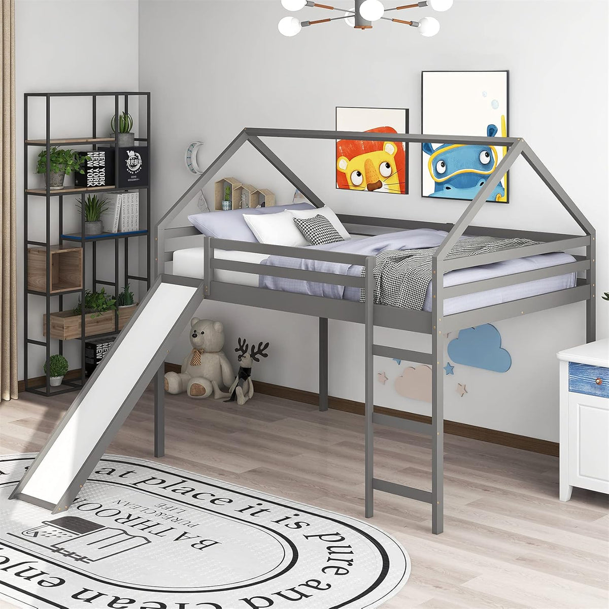 White Wood Twin Loft Bed with Slide and Staircase Storage X7795