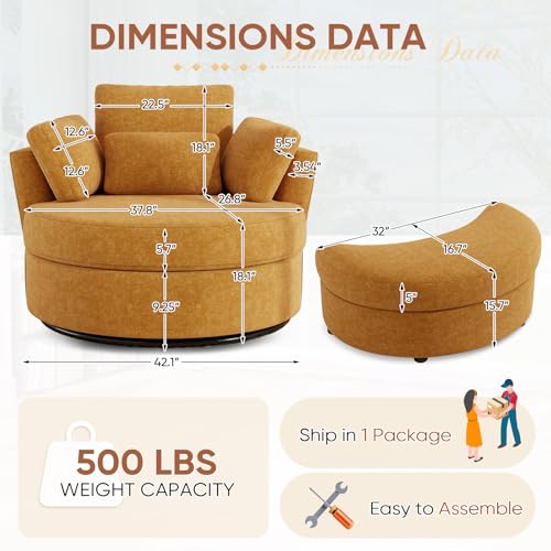 Oversized Orange Chenille Swivel Accent Chair with Storage Ottoman F905