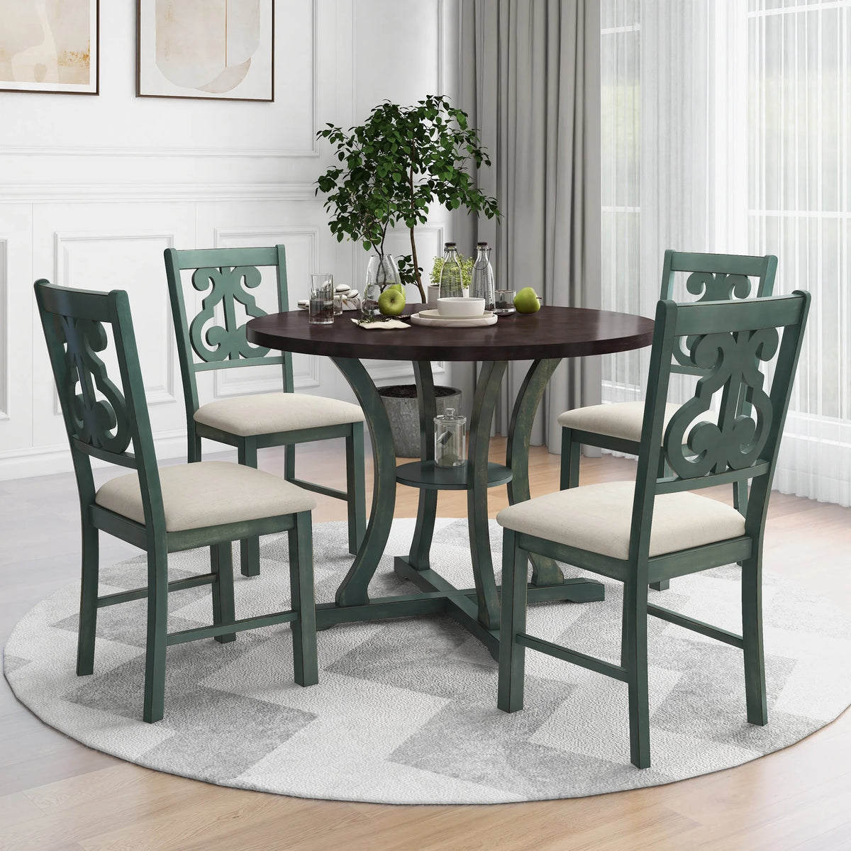 Round Dining Table with 4 Fabric Chairs Set Y175622