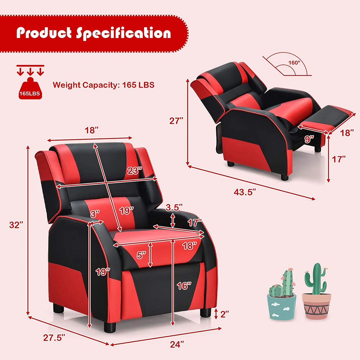 Red Ergonomic Leather Recliner Chair for Children U434513