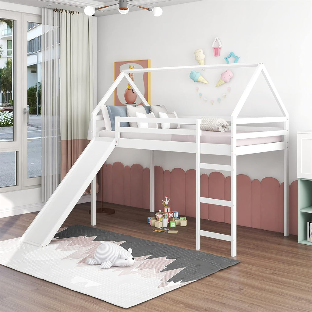 White Wood Twin Loft Bed with Slide and Staircase Storage X7795