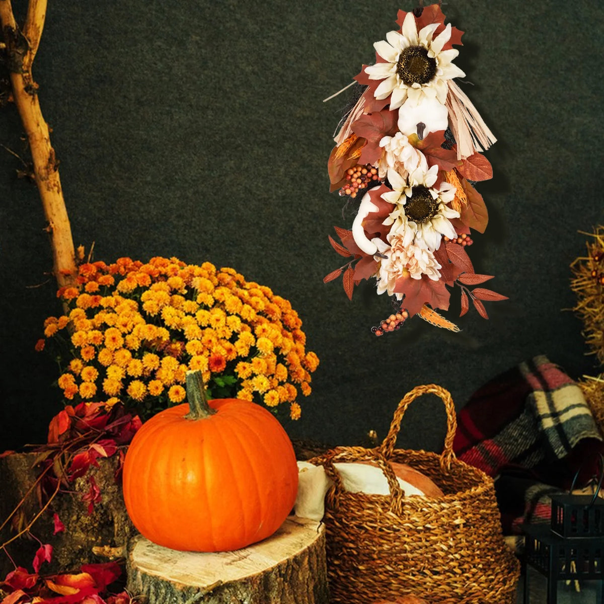 20 Inch Artificial Hanging Vine with Pumpkin Pine Cone Silk Flowers Fall Decor N772035
