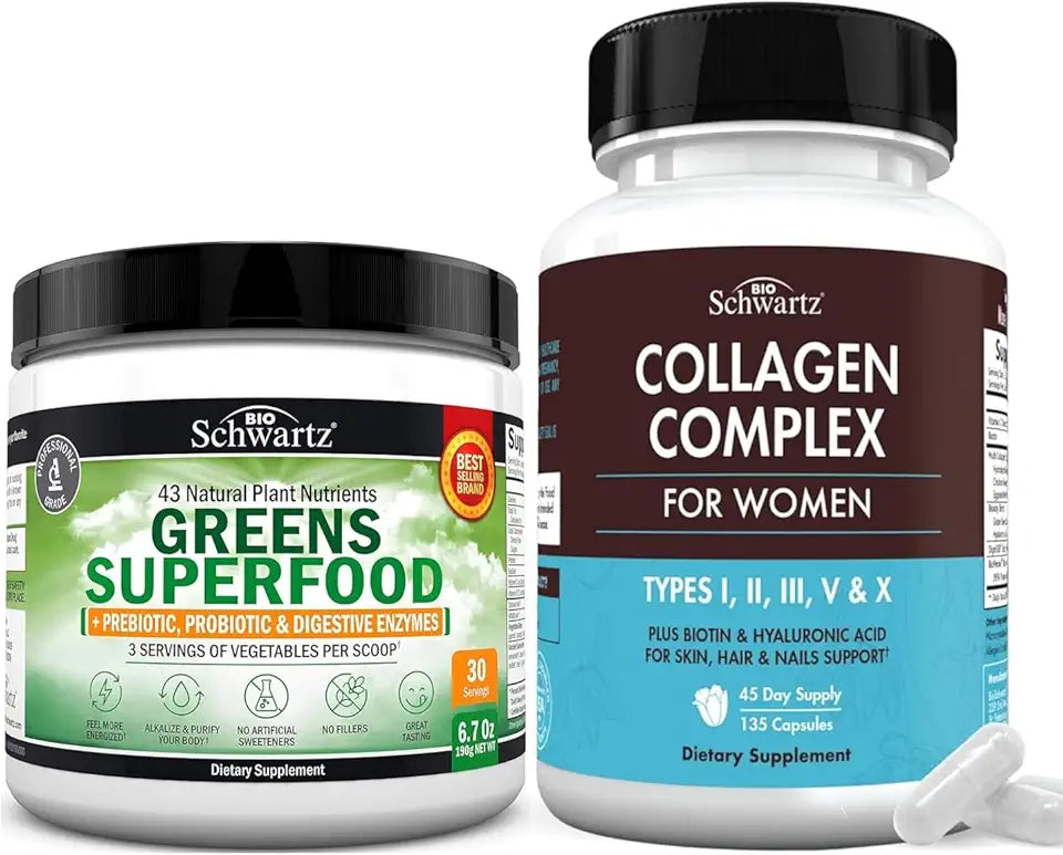 Super Greens Powder with Probiotics Prebiotics and Digestive Enzymes 30 Servings and Hydrolyzed Collagen Peptide Capsules 45 Day Supply C626405