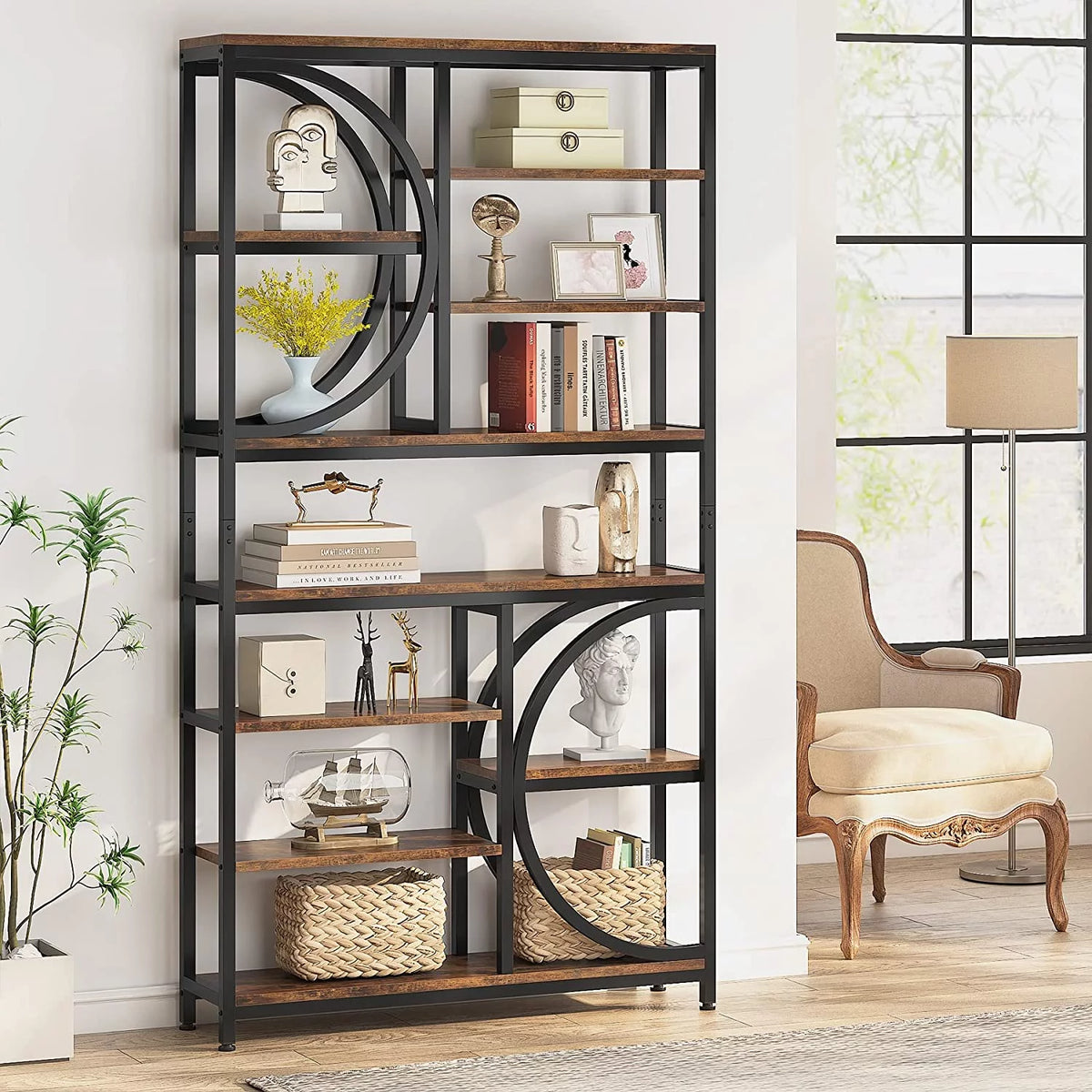 Industrial 8-Tier Wood Look Bookshelf with Metal Frame O80801