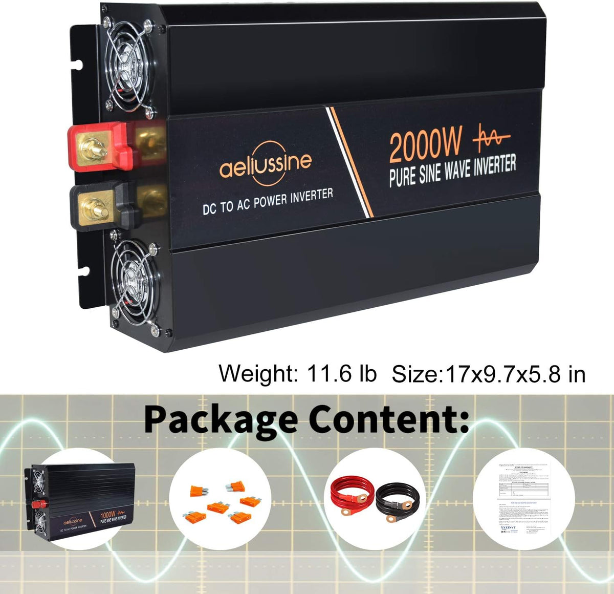 2000 Watt Pure Sine Wave Power Inverter 24V DC to AC 120V with LCD Display D41656