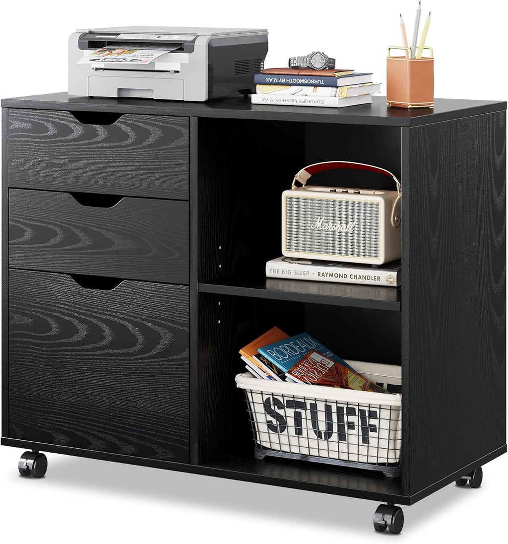 White 3-Drawer Mobile Wood File Cabinet with Open Storage Shelves D503